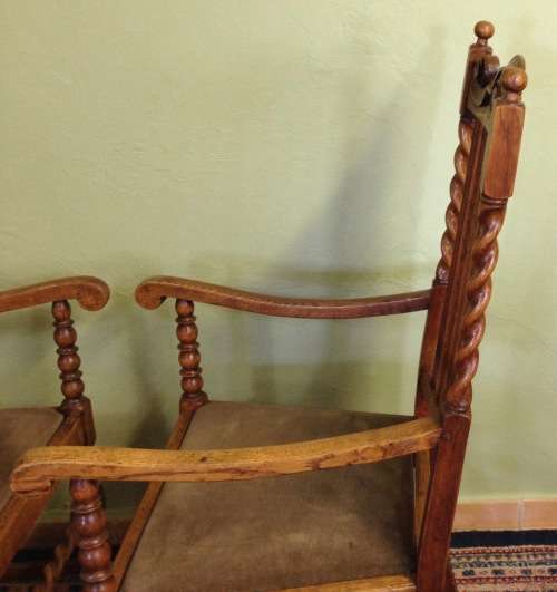 SOLID CARVED OAK BARLEY TWIST ARM CHAIRS x PAIR (2) CARVERS DINING ROOM CHAIRS AWESOME PAIR!!!