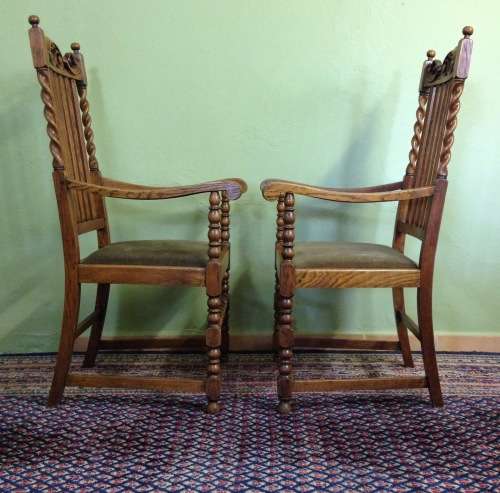 SOLID CARVED OAK BARLEY TWIST ARM CHAIRS x PAIR (2) CARVERS DINING ROOM CHAIRS AWESOME PAIR!!!