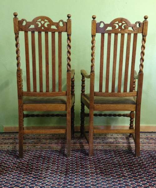 SOLID CARVED OAK BARLEY TWIST ARM CHAIRS x PAIR (2) CARVERS DINING ROOM CHAIRS AWESOME PAIR!!!
