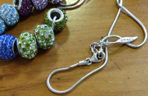 AMORE and BACI STERLING SILVER SNAKE LINK CHAIN ITALY + 10 SWAROVSKI CRYSTAL PAVED BEAD CHARMS GIFT!
