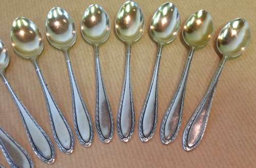 COFFEE DEMITASSE SPOONS x 12 800 GILTED STERLING SILVER GERMANY BEAUTIFULLY ELEGANT DESIGN!!!