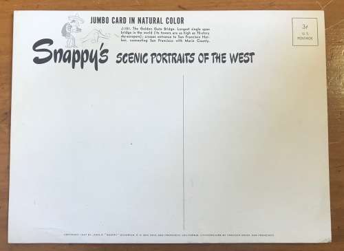 POSTCARD POST CARD JUMBO SNAPPY GOODRICH USA 3 cent CALIFORNIA SAN FRANCISCO GOLDEN GATE BRIDGE RARE
