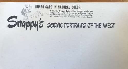 POSTCARD POST CARD JUMBO SNAPPY GOODRICH USA 3 cent CALIFORNIA SAN FRANCISCO GOLDEN GATE BRIDGE RARE
