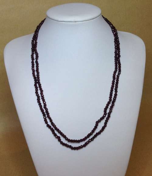 VINTAGE EUROPEAN FACETED GARNET BEAD NECKLACE DOUBLE STRAND 835 STERLING SILVER FISH HOOK CLASP.