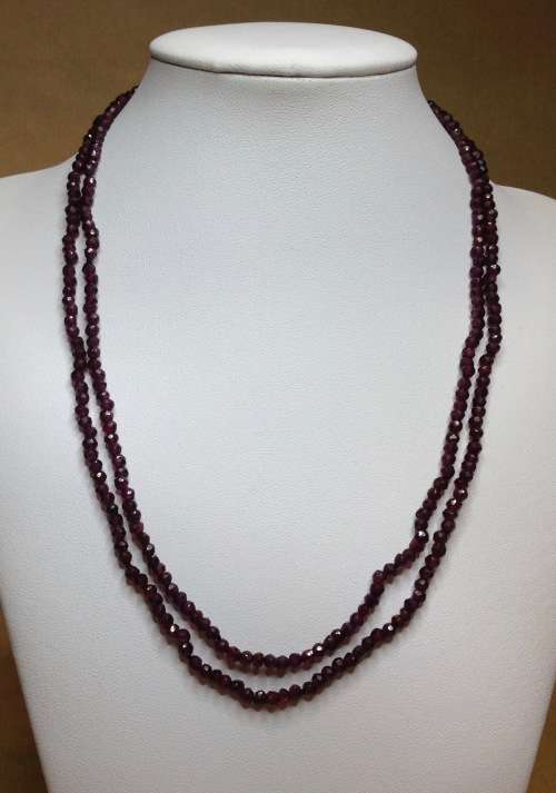 VINTAGE EUROPEAN FACETED GARNET BEAD NECKLACE DOUBLE STRAND 835 STERLING SILVER FISH HOOK CLASP.