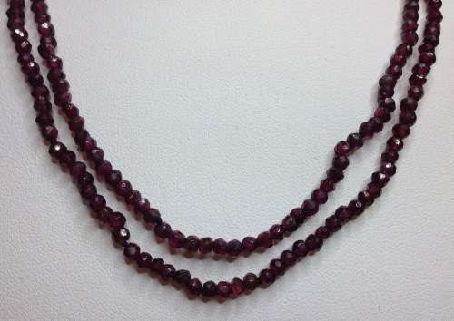VINTAGE EUROPEAN FACETED GARNET BEAD NECKLACE DOUBLE STRAND 835 STERLING SILVER FISH HOOK CLASP.
