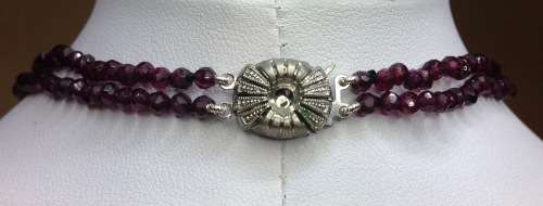 VINTAGE EUROPEAN FACETED GARNET BEAD NECKLACE DOUBLE STRAND 835 STERLING SILVER FISH HOOK CLASP.