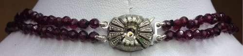 VINTAGE EUROPEAN FACETED GARNET BEAD NECKLACE DOUBLE STRAND 835 STERLING SILVER FISH HOOK CLASP.
