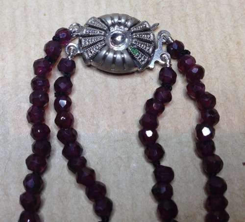 VINTAGE EUROPEAN FACETED GARNET BEAD NECKLACE DOUBLE STRAND 835 STERLING SILVER FISH HOOK CLASP.