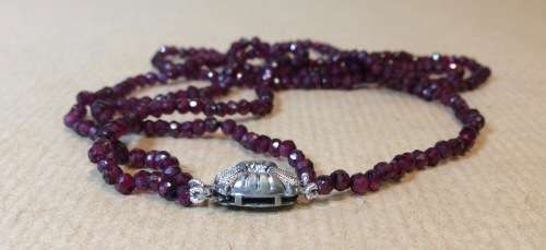 VINTAGE EUROPEAN FACETED GARNET BEAD NECKLACE DOUBLE STRAND 835 STERLING SILVER FISH HOOK CLASP.