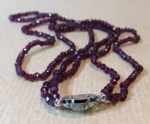 VINTAGE EUROPEAN FACETED GARNET BEAD NECKLACE DOUBLE STRAND 835 STERLING SILVER FISH HOOK CLASP.