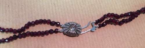 VINTAGE EUROPEAN FACETED GARNET BEAD NECKLACE DOUBLE STRAND 835 STERLING SILVER FISH HOOK CLASP.