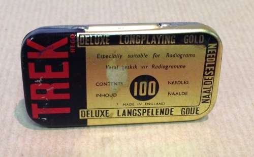 GRAMOPHONE NEEDLES=TIN=DELUXE LONGPLAYING GOLD=TREK=SOUTH AFRICAN=ENGLISH + AFRIKAANS=ENGLAND=36 pcs