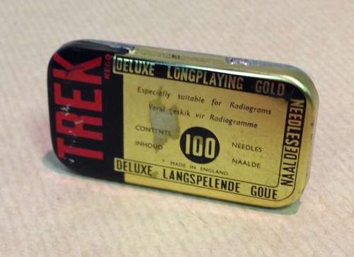 GRAMOPHONE NEEDLES=TIN=DELUXE LONGPLAYING GOLD=TREK=SOUTH AFRICAN=ENGLISH + AFRIKAANS=ENGLAND=36 pcs