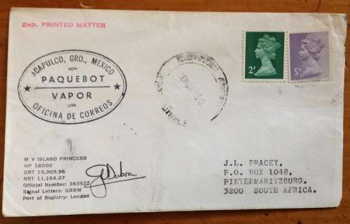 PAQUEBOT COVER ACAPULCO MEXIC0 SIGNED by CAPTAIN 1975 ENGLAND-SOUTH AFRICA M.V. ISLAND PRINCESS SHIP