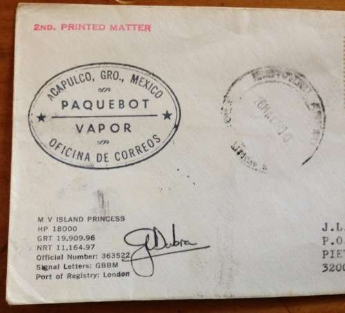 PAQUEBOT COVER ACAPULCO MEXIC0 SIGNED by CAPTAIN 1975 ENGLAND-SOUTH AFRICA M.V. ISLAND PRINCESS SHIP