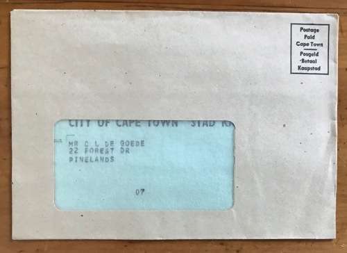 REPUBLIC of SOUTH AFRICA RSA POSTAGE PAID CAPE TOWN 1975 ELECTRICTY ACCOUNT ENTIRE!