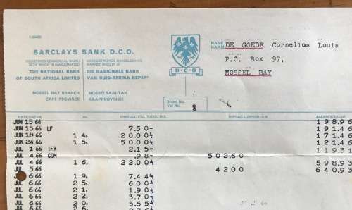 BARCLAYS BANK ITEMS x 2 REPUBLIC of SOUTH AFRICA RSA ORDINARY MAIL MOSSELBAY 1966 with ACCOUNTS!!!