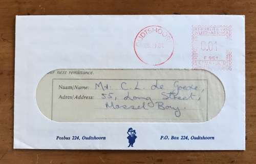 TRUST BANK ITEM REPUBLIC of SOUTH AFRICA RSA ORDINARY MAIL OUDTSHOORN 1966 with CREDIT NOTE!!!