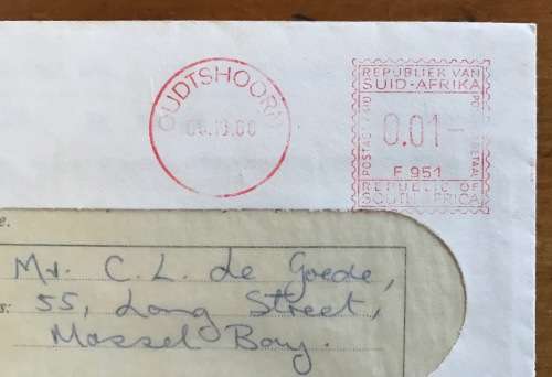 TRUST BANK ITEM REPUBLIC of SOUTH AFRICA RSA ORDINARY MAIL OUDTSHOORN 1966 with CREDIT NOTE!!!