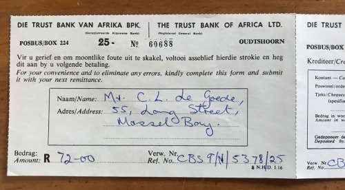TRUST BANK ITEM REPUBLIC of SOUTH AFRICA RSA ORDINARY MAIL OUDTSHOORN 1966 with CREDIT NOTE!!!