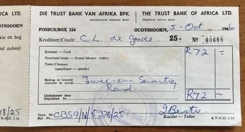 TRUST BANK ITEM REPUBLIC of SOUTH AFRICA RSA ORDINARY MAIL OUDTSHOORN 1966 with CREDIT NOTE!!!