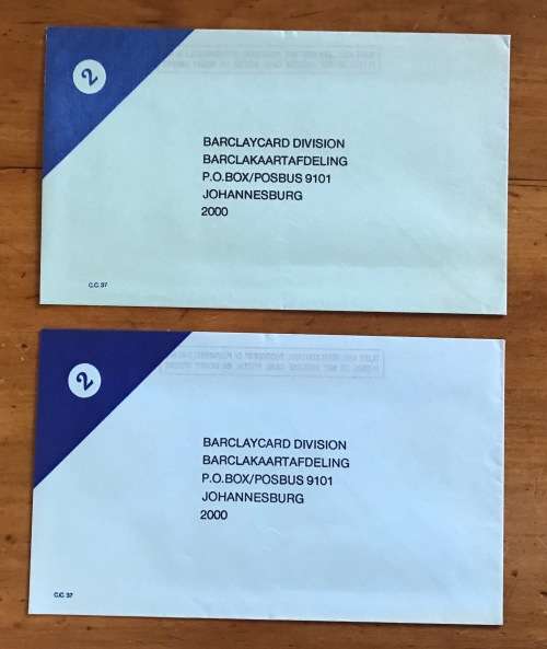 BARCLAYS BANK BARCLAYCARD DIVISION REPLY / RETURN ENVELOPES x 2 UNUSED REPUBLIC of SOUTH AFRICA RSA.