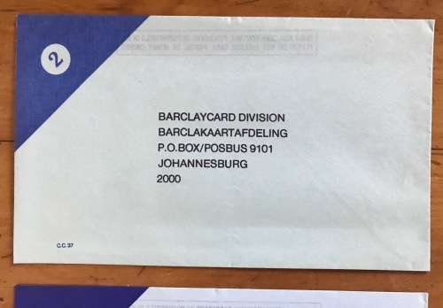 BARCLAYS BANK BARCLAYCARD DIVISION REPLY / RETURN ENVELOPES x 2 UNUSED REPUBLIC of SOUTH AFRICA RSA.