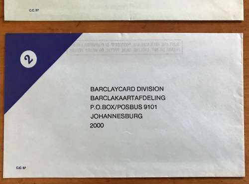 BARCLAYS BANK BARCLAYCARD DIVISION REPLY / RETURN ENVELOPES x 2 UNUSED REPUBLIC of SOUTH AFRICA RSA.