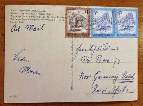 POSTCARD POST CARD VIENNA SPANISH COURT RIDING SCHOOL HORSES AUSTRIA NEW GERMANY NATAL SOUTH AFRICA