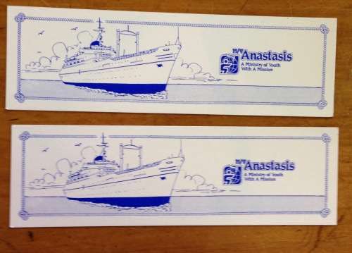 SHIP BOOKMARKS x 2 M.V. ANASTASIS PASSENGER LINER CRUISE SHIP A MINISTRY OF YOUTH WITH A MISSION.