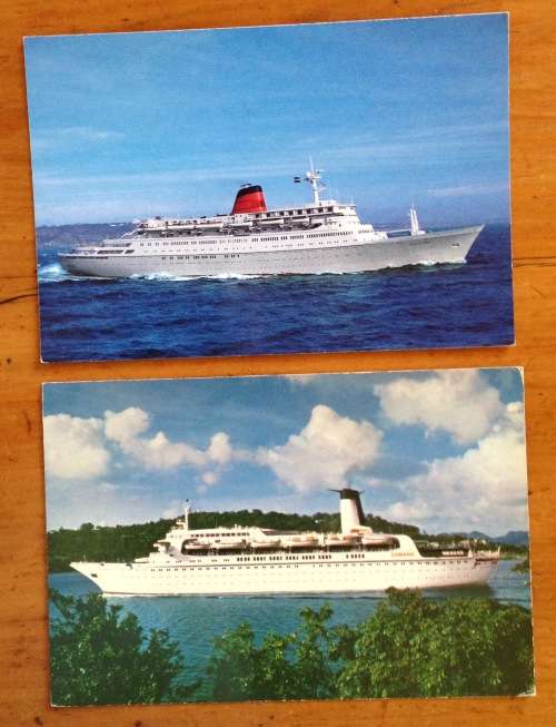 POSTCARDS x 2 POST CARDS CUNARD SAGAFJORD ADVENTURER SHIP STEAMSHIP PASSENGER CRUISE LINER