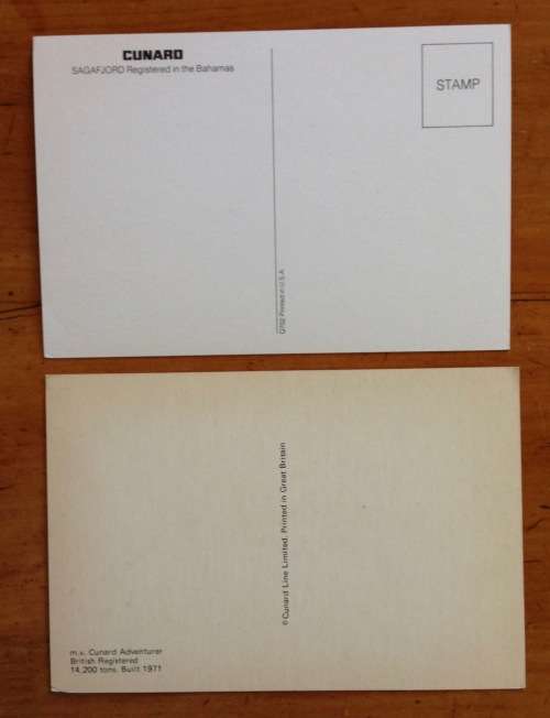 POSTCARDS x 2 POST CARDS CUNARD SAGAFJORD ADVENTURER SHIP STEAMSHIP PASSENGER CRUISE LINER