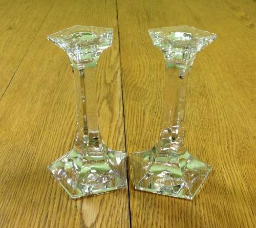 RIEDEL LEAD CRYSTAL GLASS CANDLESTICKS x 2 PAIR CLAUS JOSEF RIEDEL CJR 1960`s AUSTRIA 150mm TALL.