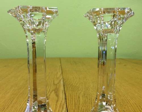 RIEDEL LEAD CRYSTAL GLASS CANDLESTICKS x 2 PAIR CLAUS JOSEF RIEDEL CJR 1960`s AUSTRIA 150mm TALL.