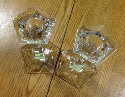 RIEDEL LEAD CRYSTAL GLASS CANDLESTICKS x 2 PAIR CLAUS JOSEF RIEDEL CJR 1960`s AUSTRIA 150mm TALL.