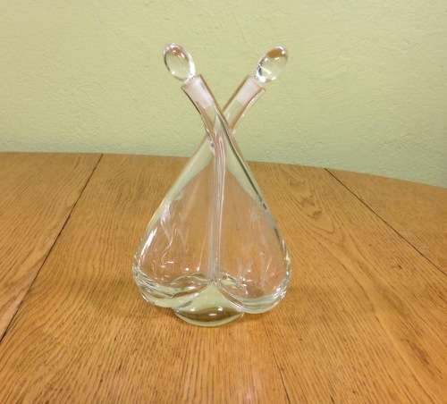 JOINED PRESSED GLASS OIL and VINEGAR POURER WITH STOPPERS SALAD DRESSING DECANTER STUNNING PIECE!
