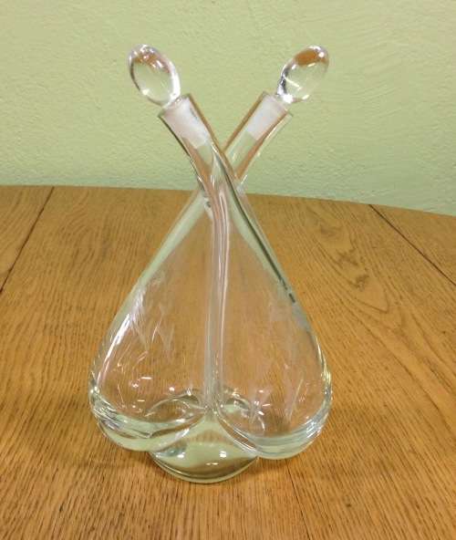 JOINED PRESSED GLASS OIL and VINEGAR POURER WITH STOPPERS SALAD DRESSING DECANTER STUNNING PIECE!