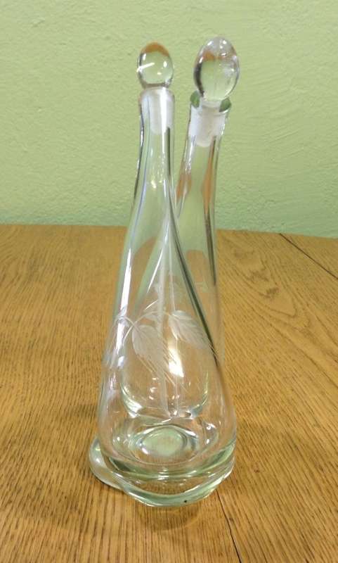 JOINED PRESSED GLASS OIL and VINEGAR POURER WITH STOPPERS SALAD DRESSING DECANTER STUNNING PIECE!