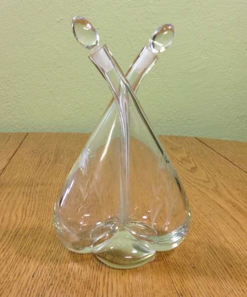 JOINED PRESSED GLASS OIL and VINEGAR POURER WITH STOPPERS SALAD DRESSING DECANTER STUNNING PIECE!