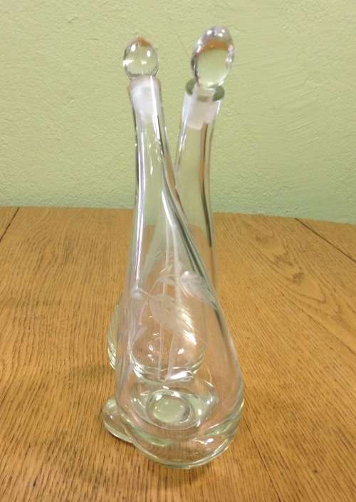 JOINED PRESSED GLASS OIL and VINEGAR POURER WITH STOPPERS SALAD DRESSING DECANTER STUNNING PIECE!
