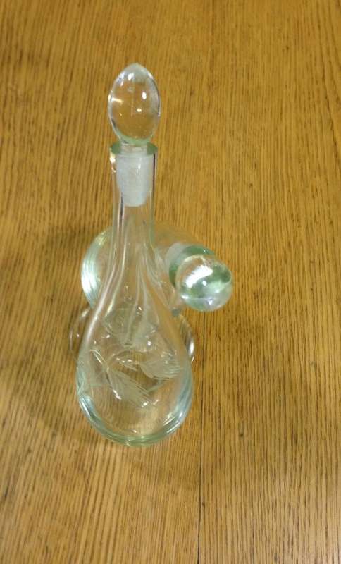 JOINED PRESSED GLASS OIL and VINEGAR POURER WITH STOPPERS SALAD DRESSING DECANTER STUNNING PIECE!
