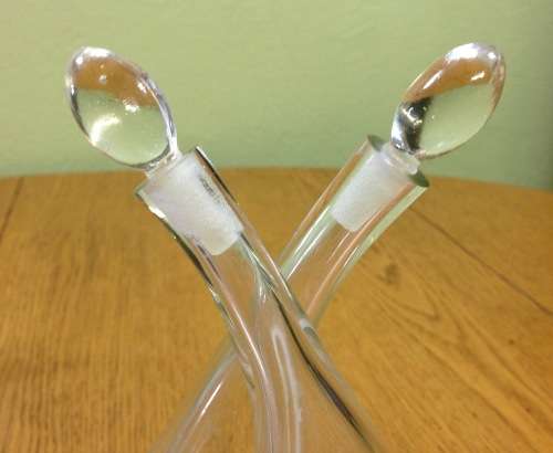 JOINED PRESSED GLASS OIL and VINEGAR POURER WITH STOPPERS SALAD DRESSING DECANTER STUNNING PIECE!