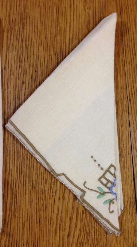 COCKTAIL SERVIETTES x 3 MATERIAL CLOTH LINEN EMBROIDERY BLUE WHITE BROWN EDGED STUNNING!!!!