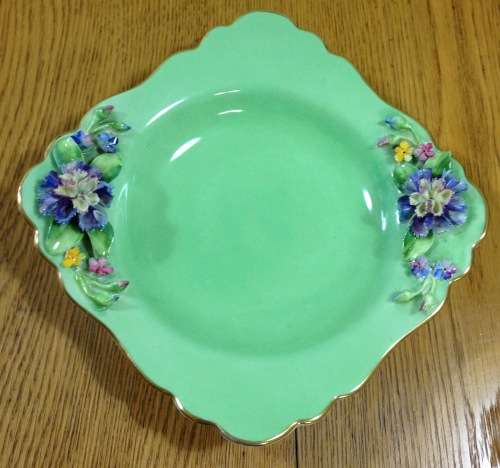 CROWN STAFFORDSHIRE SQUARE BOWL with APPLIED FLOWERS=1906-30=ENGLAND=ANTIQUE=ART DECO=ART NOUVEAU.