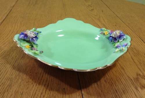 CROWN STAFFORDSHIRE SQUARE BOWL with APPLIED FLOWERS=1906-30=ENGLAND=ANTIQUE=ART DECO=ART NOUVEAU.