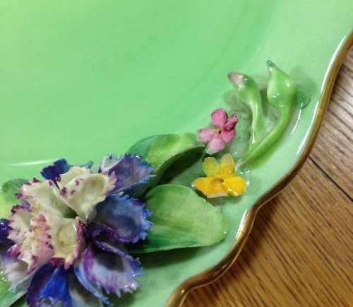 CROWN STAFFORDSHIRE SQUARE BOWL with APPLIED FLOWERS=1906-30=ENGLAND=ANTIQUE=ART DECO=ART NOUVEAU.