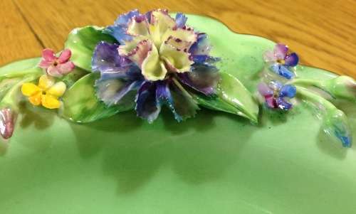 CROWN STAFFORDSHIRE SQUARE BOWL with APPLIED FLOWERS=1906-30=ENGLAND=ANTIQUE=ART DECO=ART NOUVEAU.
