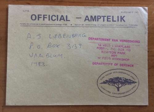 SADF OFFICIAL MAIL 14 FIELD WORKSHOP KEMPTON PARK 14 VELD WERKPLAAS 1985? MILITARY DEPT. of DEFENCE