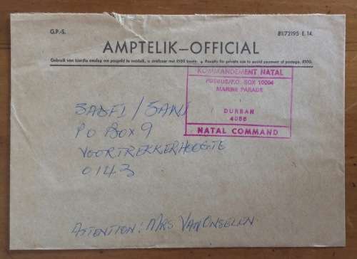 SADF OFFICIAL MAIL NATAL COMMAND KOMMANDENENT NATAL DURBAN 1984? SADFI VOORTREKKERHOOGTE SAWI